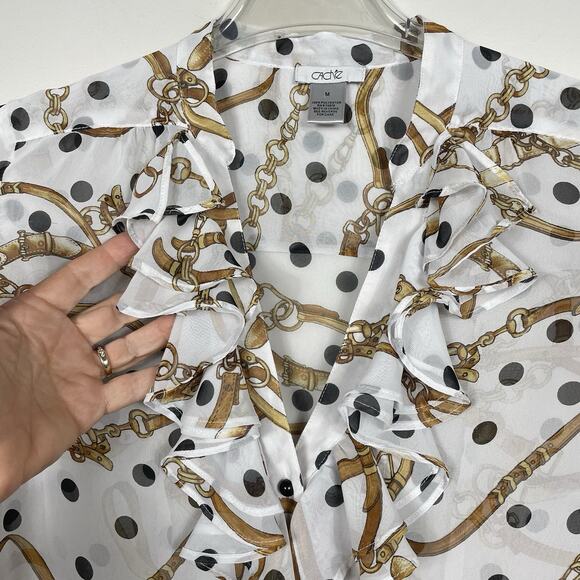 Vtg Cache Ruffle Blouse Top Size M White Equestrian Polkadot Print Career Office - Picture 5 of 8